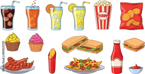 Fast Food and Snack Vector Collection Featuring Soda Popcorn Sandwiches Cupcakes and Nachos in Vibrant Colorful Hand Drawn Cartoon Style
