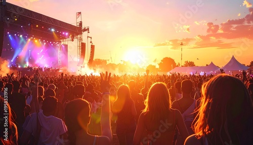 A vibrant sunset illuminates a massive outdoor music festival crowd, with a brightly lit stage and energetic atmosphere