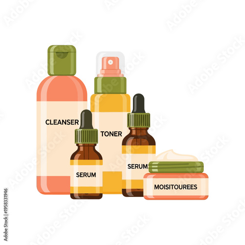 Skincare Routine Products with Cleanser Toner Serum and Moisturizer