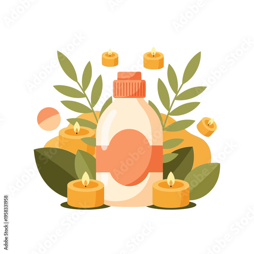 Spa and Wellness Concept with Natural Product Bottle Green Leaves and Lit Candles