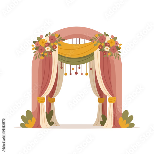 Wedding Arch Decorated with Colorful Flowers and Draped Fabrics