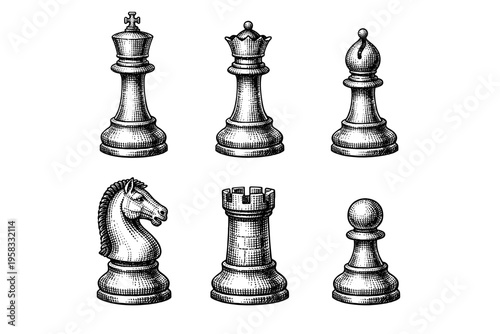 Vintage engraved chess pieces collection in black and white strategy game illustration style