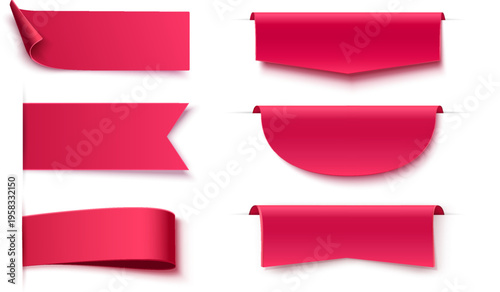 Red ribbon banner set with folded paper shapes and realistic shadows isolated design collection