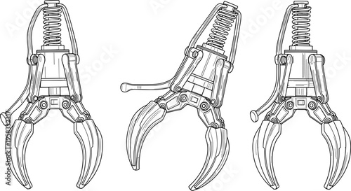 Mechanical Robotic Claw Gripper Line Art Illustration Set Featuring Industrial Hydraulic Crane Hook Design Components for Engineering Projects Automation Technology and Arcade Game Machine Graphics