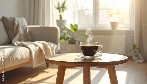Cozy living room scene with a steaming cup of coffee on a wooden coffee table bathed in warm sunlight