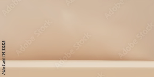 Beige studio room wall with tabletop. Minimal clean background for product presentation. Neutral interior scene for mockup and branding.