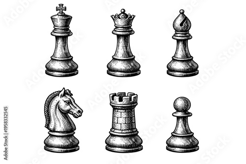 Vintage engraved chess pieces collection in black and white strategy game illustration style