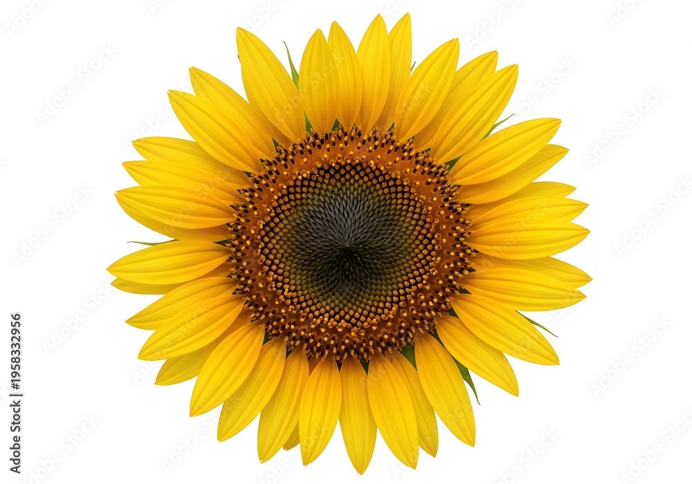 Fototapeta premium Vibrant sunflower blossom on white background showing yellow petals