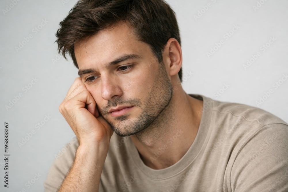 Fototapeta premium Young man with hand on cheek looking down with a thoughtful and sad expression
