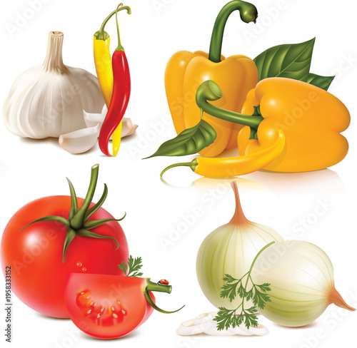 A collection of highly detailed, realistic vegetable illustrations. The set includes a large white garlic bulb with individual cloves, a pair of long chili peppers, bell peppers with green
