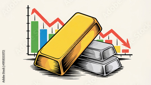 Gold and silver bars with falling stock market chart as precious metal prices experience a decrease in value on the global financial market