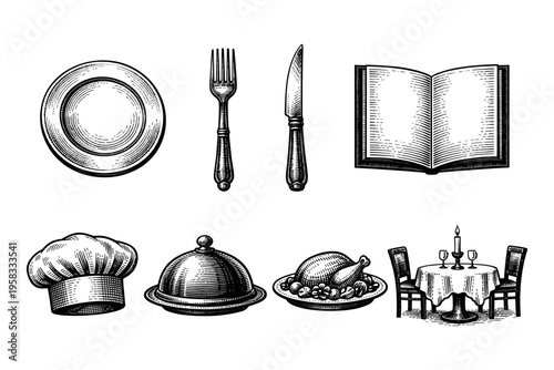 Vintage culinary illustrations of dining and cooking elements