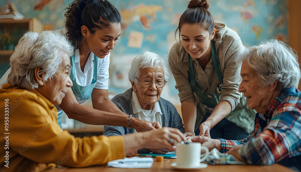 Fototapeta premium Caregivers Helping Elderly People Enjoy Social Activities Together