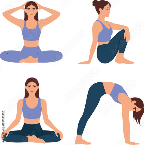 Illustration of woman in various yoga poses and outfits