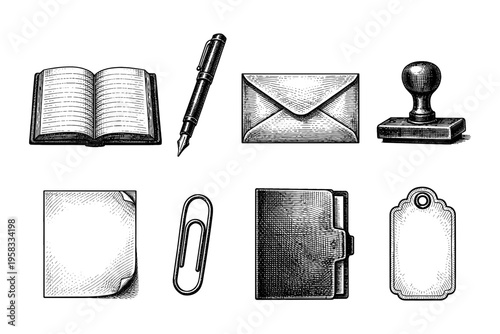 Vintage stationery and office supplies collection in a retro engraving style