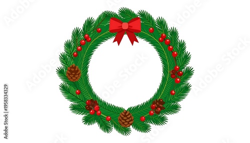 Festive Christmas Wreath with Red Bow and Pinecones.