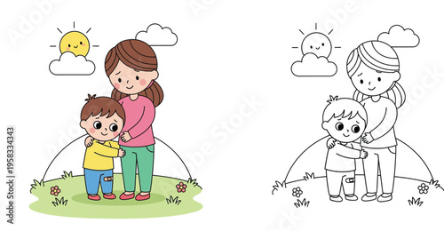 Mother comforting her sad little boy who is hugging her outdoors. Cute family vector illustration coloring book page with full color and line art outline versions.
