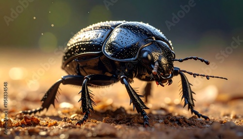 Close-up of a black beetle on the ground in macro photography.