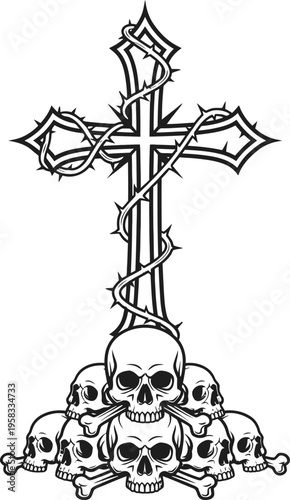 Gothic Cross With Thorns And Skulls