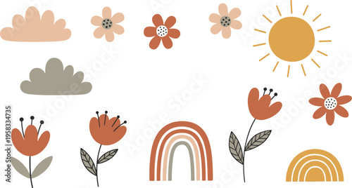 Boho floral and rainbow vector set with sun, clouds, abstract flowers and earthy toned elements for modern minimalist design