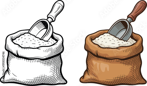 Burlap sack with grain and scoop, vintage agricultural bag vector illustration isolated on white