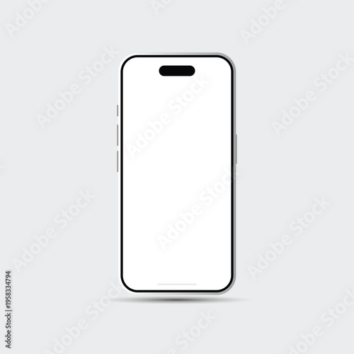 A sleek and modern smartphone with a blank white screen on a light gray background