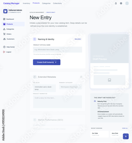 A clean, modern SaaS dashboard interface featuring a 'New Entry' workflow for e-commerce catalog management. The layout is minimalist with a serene blue primary accent, showcasing sections for product