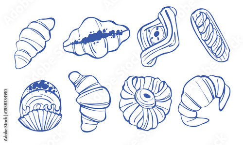 Croissants and Pastries Outline Doodle Set