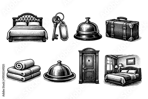 Vintage hotel amenities and room illustration in engraving style