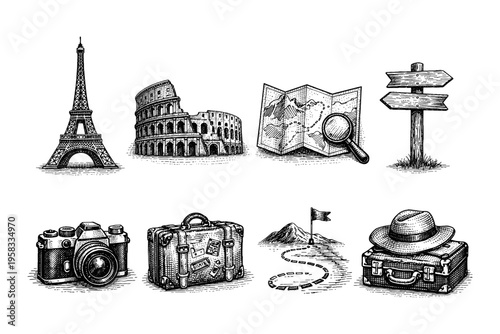 Vintage travel icons including landmarks, luggage, and navigation tools