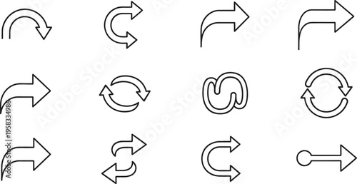 Minimal arrow direction vector icon set with curved, straight, circular and navigation arrows in clean outline style for interface design