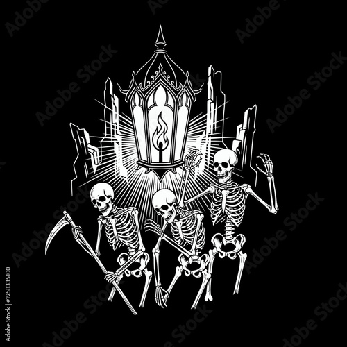 Gothic Skeletons And Fiery Altar With Scythe In Dark Scene