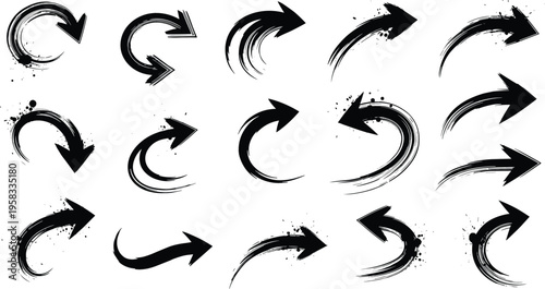 Grunge brush arrow vector set with dynamic paint stroke arrows, curved directions and abstract ink motion elements for creative design
