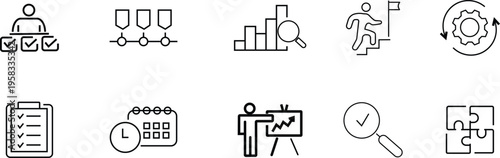 Business icons checklist calendar graph progress puzzle and gears task done