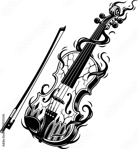 Gothic Violin With Cracks And Dark Flames On White Background