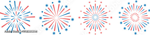 Fireworks icons red blue burst stars celebration pictogram festival salute vector illustration isolated on white background