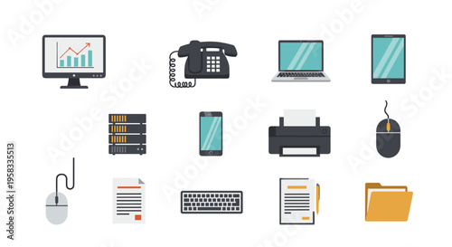 A detailed grid of fifteen office and computer equipment icons, including a monitor, telephone, laptop, and printer, is systematically arranged on a white background.