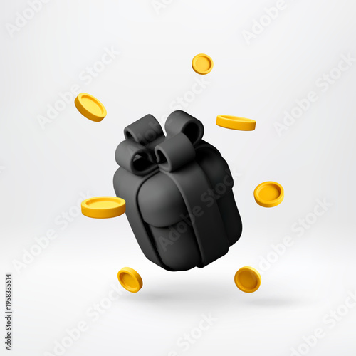 3D Black gift box surrounded by floating gold coins. Three-dimensional render shopping sale, discount, cashback, and financial reward. E-commerce for business marketing. Vector illustration