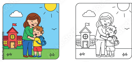 Mother hugging son with backpack in front of school building. Back to school cute vector illustration coloring page with full color and black and white line art versions.
