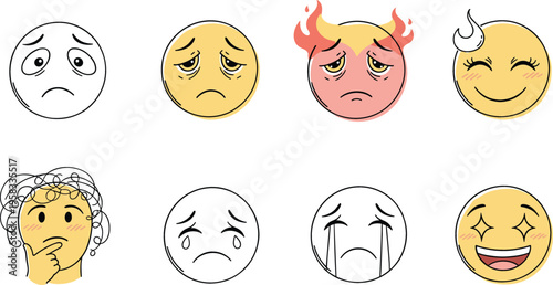 Cute emoji expression vector set with sad, crying, angry, thinking and happy faces in colorful cartoon style for social media design