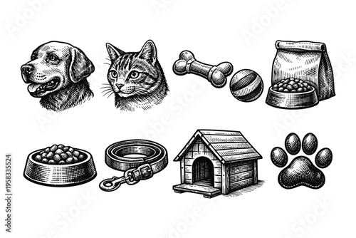 Collection of vintage pet care items and animals in a scratchboard style