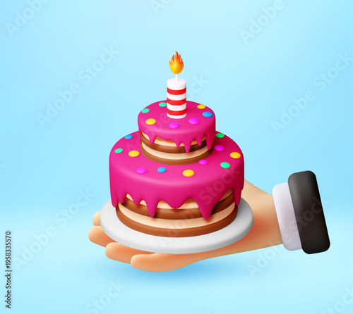 Hand holding a 3D birthday cake with a lit candle and colorful sprinkles. Celebration icon for a festive greeting. Digital illustration of a sweet dessert for a holiday party. Vector illustration