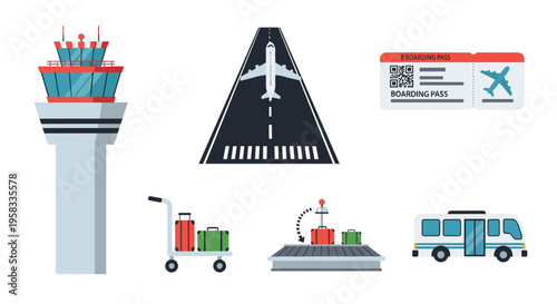 A comprehensive set of six airport-related icons, including an air traffic control tower and an airplane on a runway, is displayed on a white background.