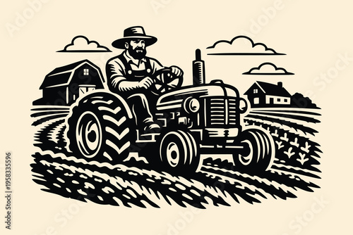 Vintage Farmer Driving Tractor Ink Sketch Illustration