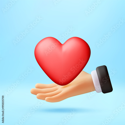 3D Cartoon hand holding red heart icon against blue background. 3d vector illustration representing love, care medical support and kindness. Symbol of charity donation and romance. Vector illustration