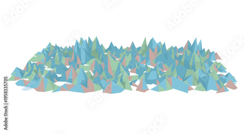 A low-polygon abstract 3D landscape with faceted peaks in blue, green, and pinkish-brown hues sits on a white background.