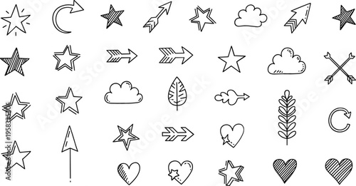 Hand drawn doodle icon vector set with stars, arrows, clouds, hearts and abstract elements in minimal sketch style for creative design