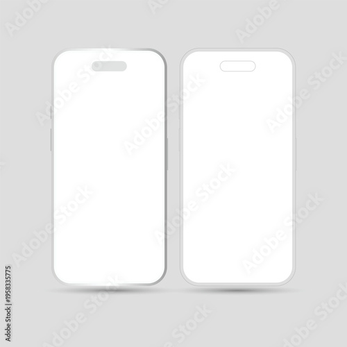 Two blank white smartphones side by side on a light gray background for mockup or design purposes