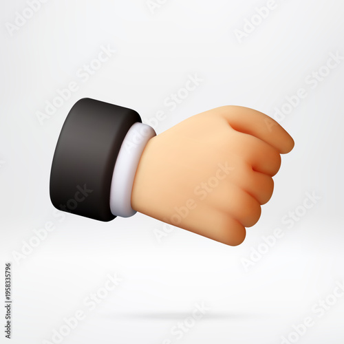 3D businessman hand with clenched fist. Cartoon character gesture representing strength, determination or success. Digital icon for communication, business and leadership concepts. Vector illustration