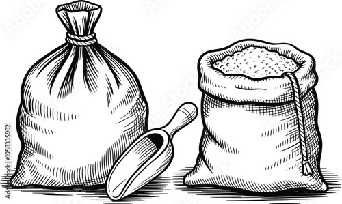 Burlap sacks with grain and wooden scoop, vintage agricultural bags vector illustration for design